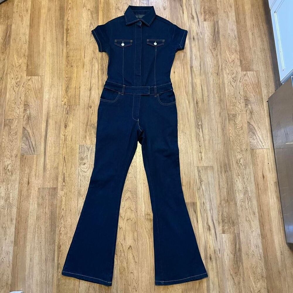 No Boundaries Navy blue denim jumpsuit with flared legs junior size 7